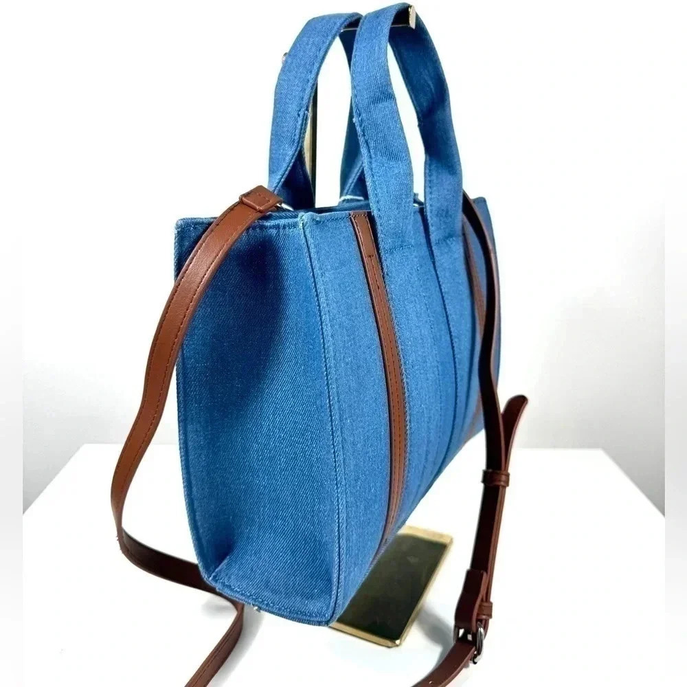 New MKF Denim Crossbody Satchel Tote Bag Blue Brown Casual Everyday - Picture 4 of 8